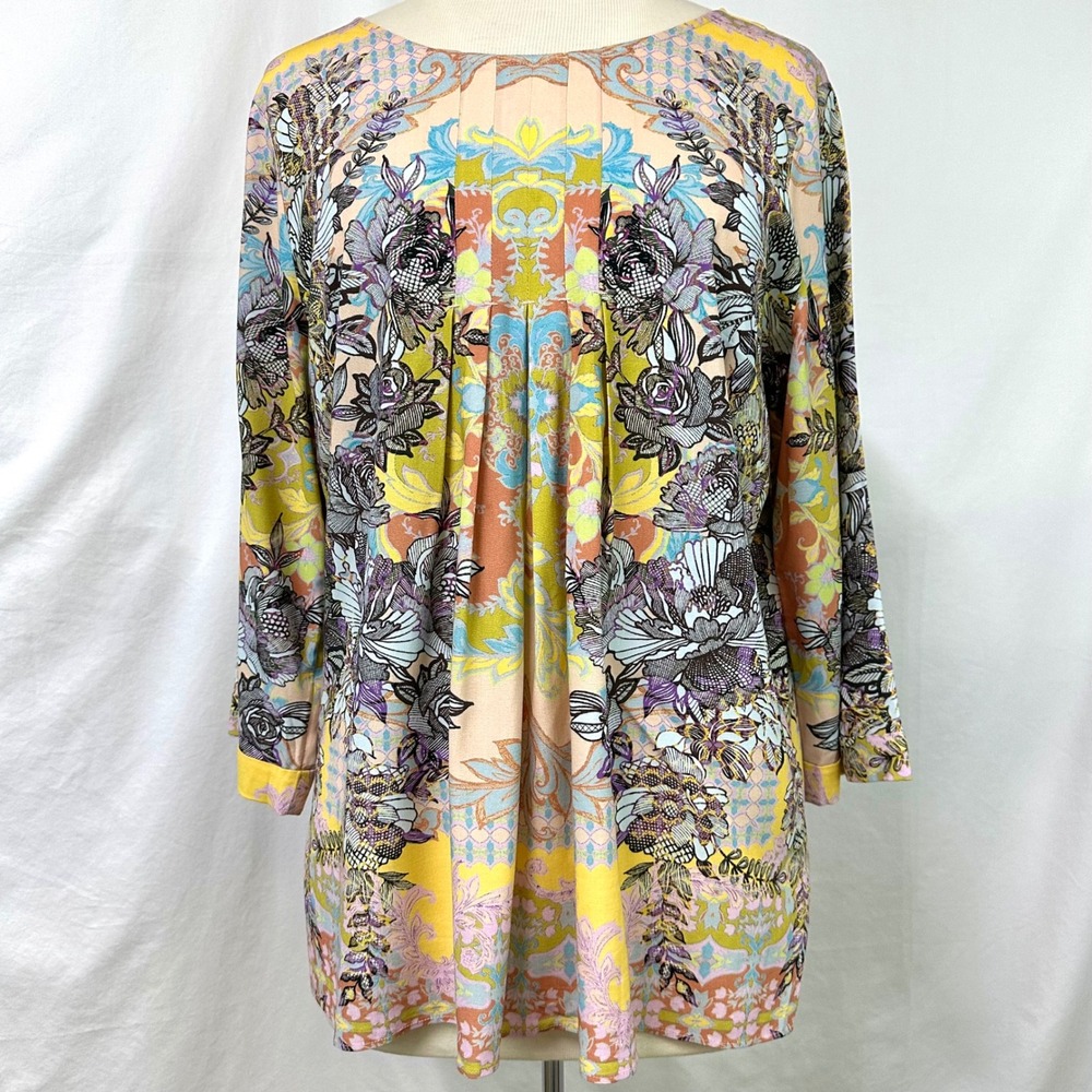 SOFT SURROUNDINGS Westo Tunic Top M Mulitcolor Floral Pleats Boho Artsy Peasant